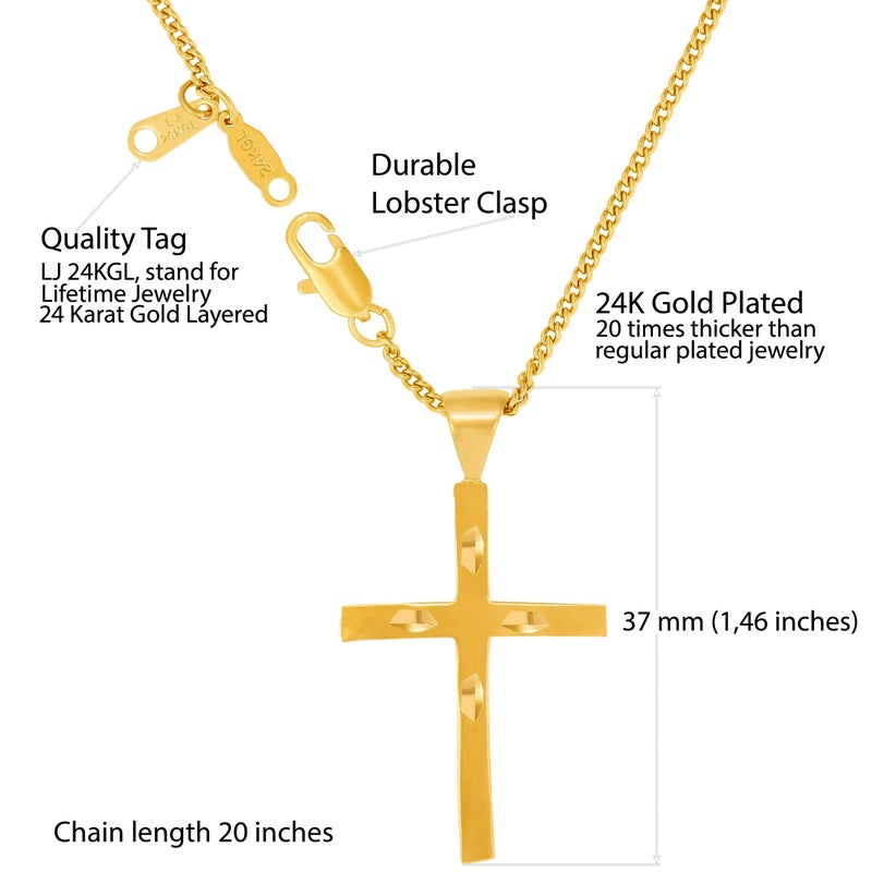 LIFETIME JEWELRY Four Diamond Cuts Cross Necklace 24k Gold Plated for Women Men - Image 3